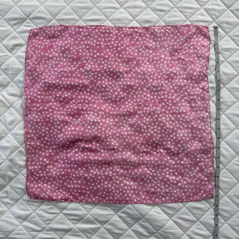 Pink Silk Scarf Square 18” White geometric Print Lightweight Neck Hair Wrap